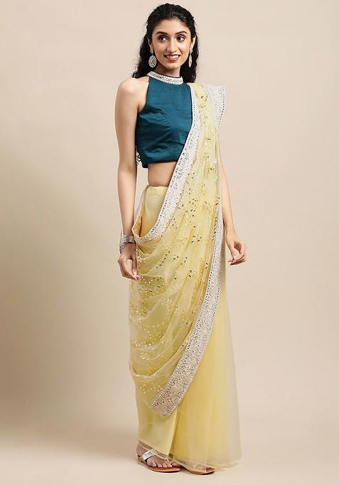 Yellow Sequin Embroidered Poly Blend Saree Set