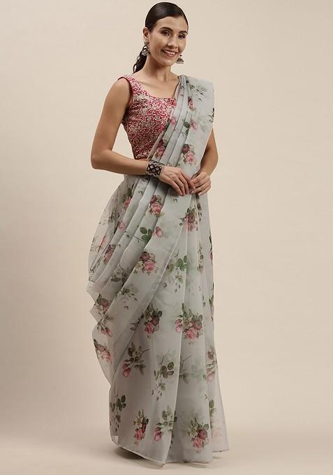 Grey Floral Embroidered Organza Saree Set