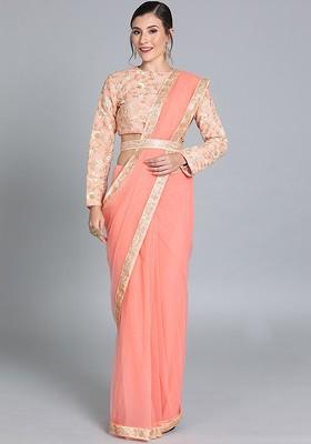Pink Solid Poly Blend Saree Set