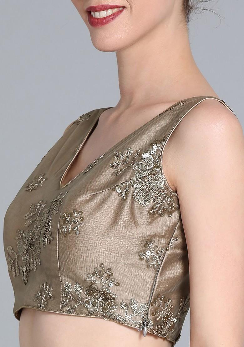 Peach Embellished Poly Blend Saree Set