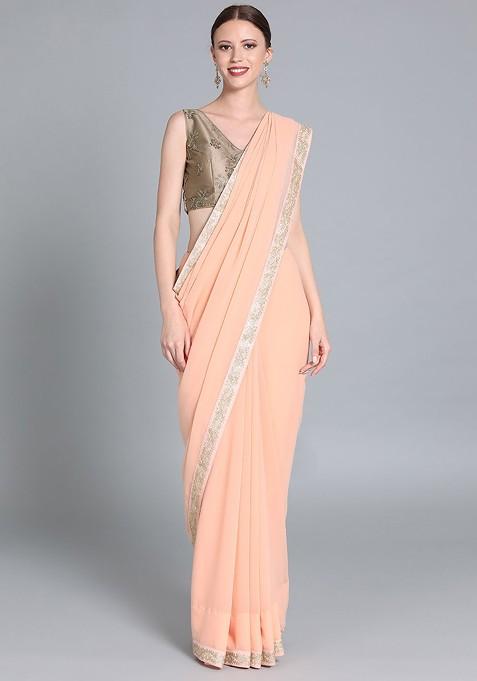 Peach Embellished Poly Blend Saree Set