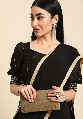 Black Solid Poly Blend Saree Set