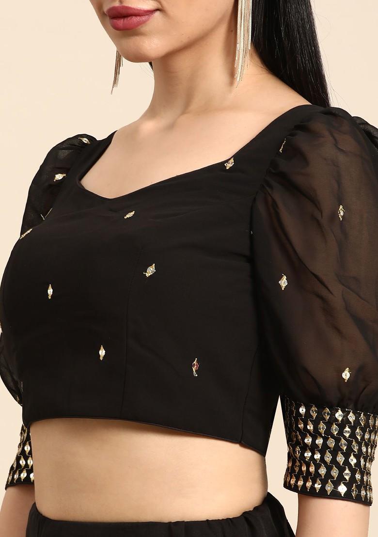 Black Solid Poly Blend Saree Set