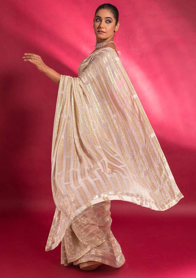 Ivory Georgette Saree Set with Embroidered for Diwali | Wedding & Festive Wear - Indya