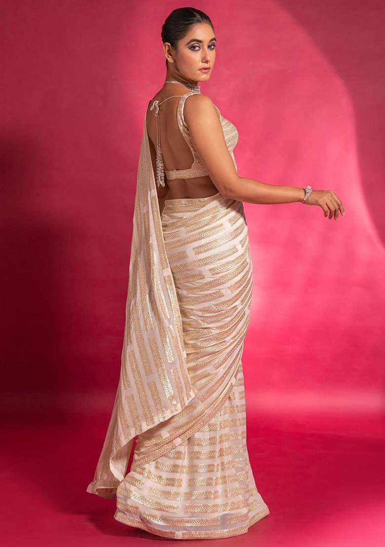 Ivory Georgette Saree Set with Embroidered for Diwali | Wedding & Festive Wear - Indya