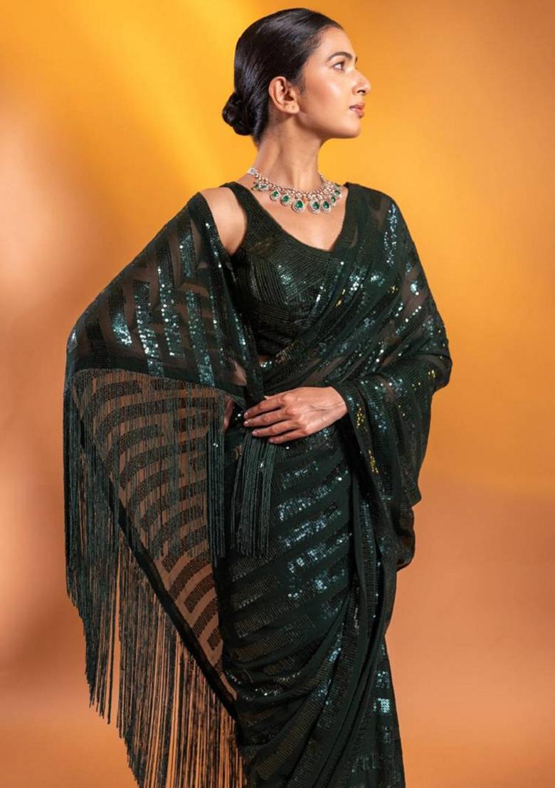Dark Green Embroidered Georgette Saree Set