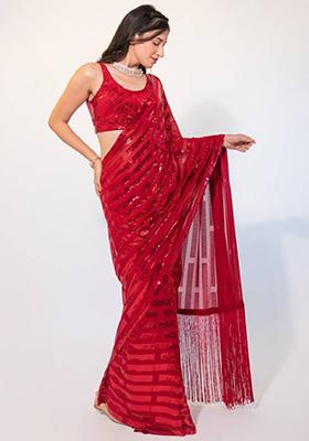 Red Embroidered Georgette Saree Set