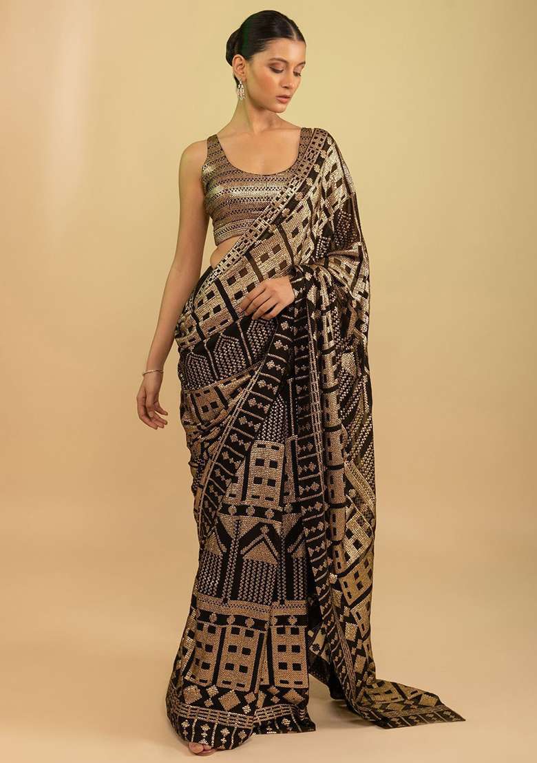 Black Georgette Saree Set with Embroidered for Diwali | Wedding & Festive Wear - Indya