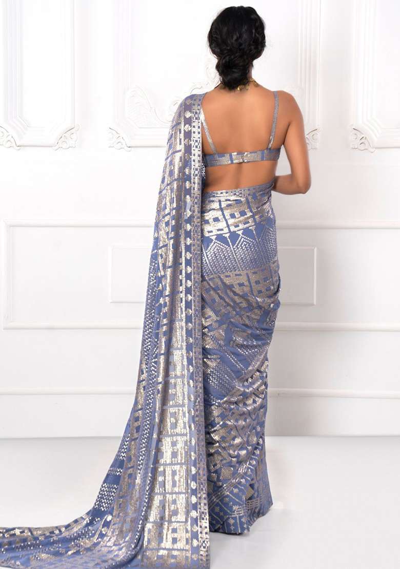 Grey Georgette Saree Set with Embroidered for Diwali | Wedding & Festive Wear - Indya