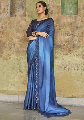 Navy Blue Embroidered Art Silk Saree Set