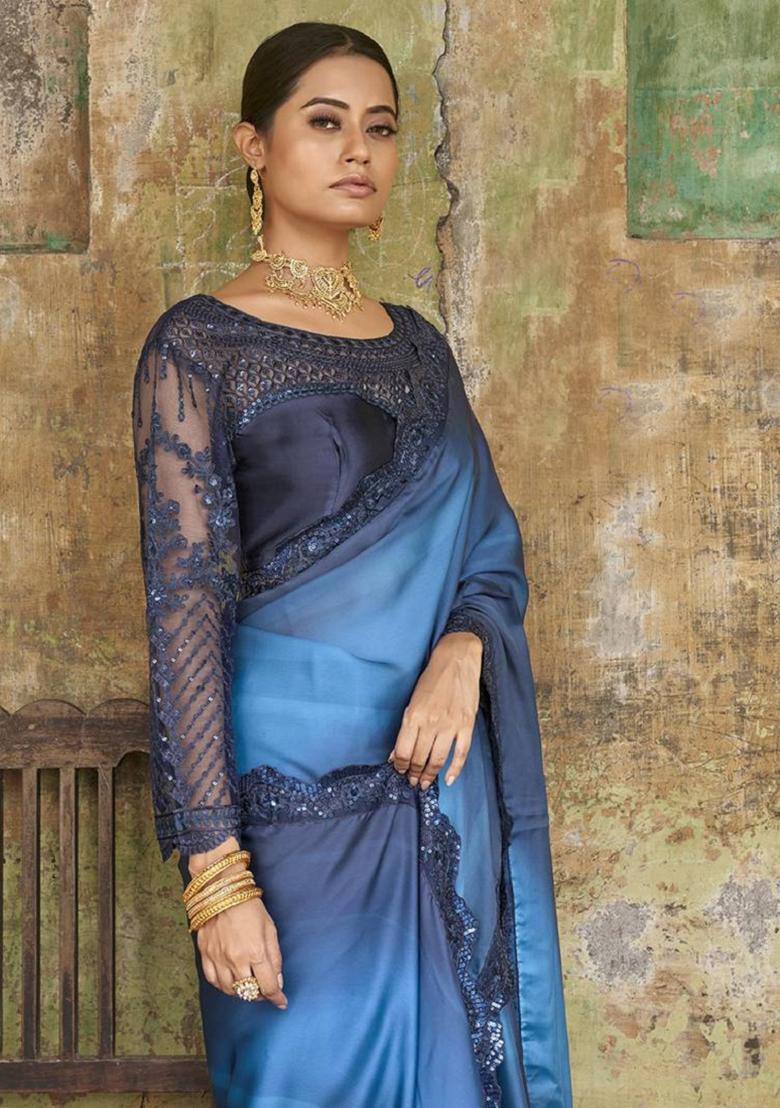 Navy Blue Embroidered Art Silk Saree Set