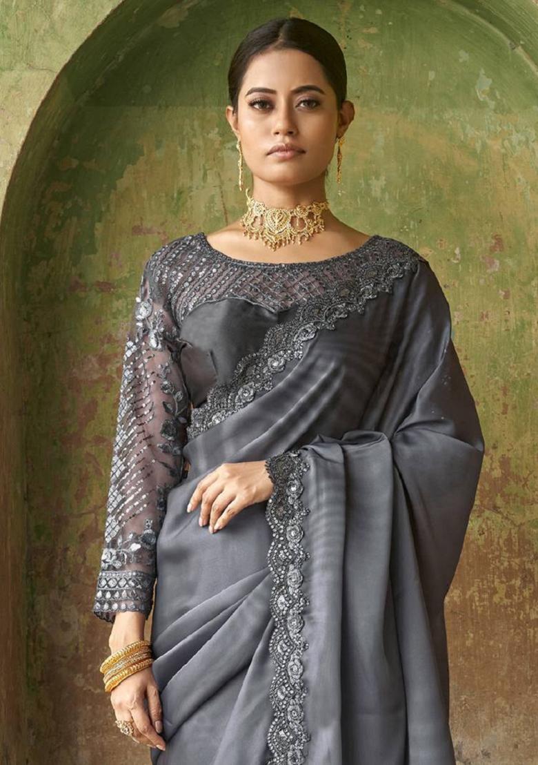 Grey Embroidered Art Silk Saree Set