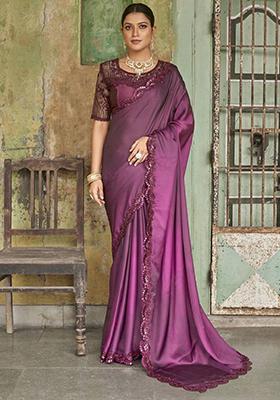 Wine Embroidered Art Silk Saree Set