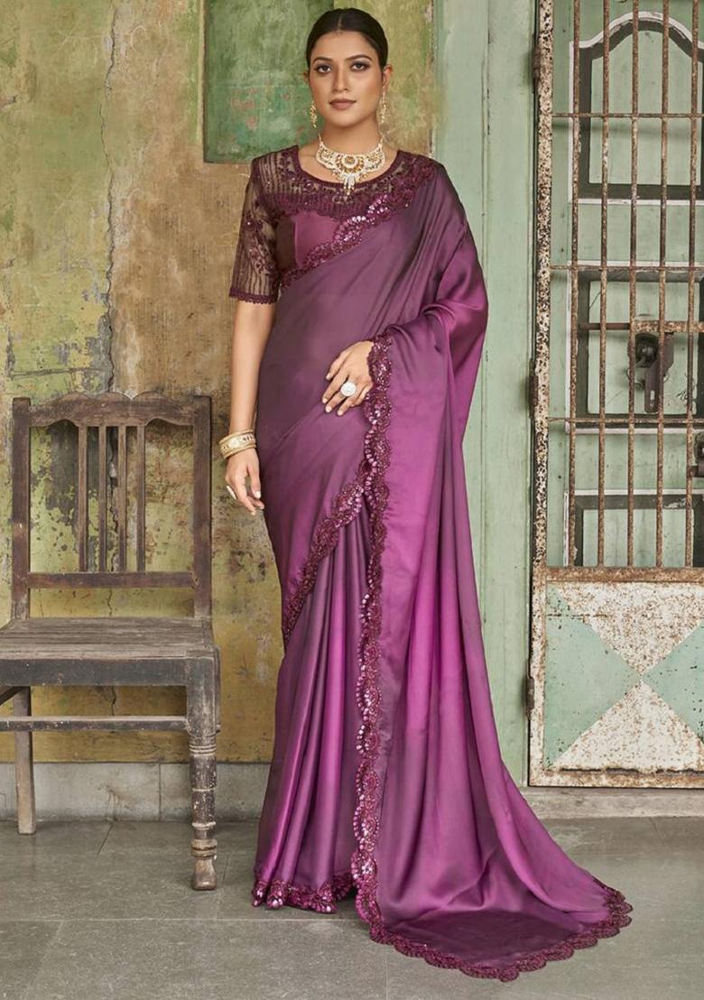 Wine Embroidered Art Silk Saree Set