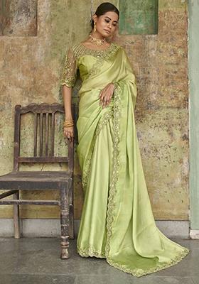 Lime Green Embroidered Art Silk Saree Set