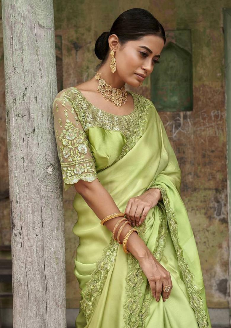 Lime Green Embroidered Art Silk Saree Set