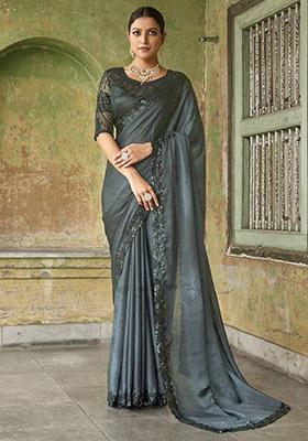 Dark Grey Embroidered Art Silk Saree Set