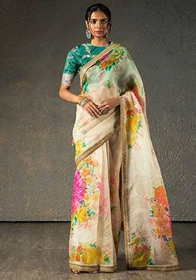 Cream Embroidered Art Silk Saree Set