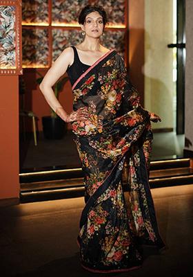 Black Embroidered Art Silk Saree Set