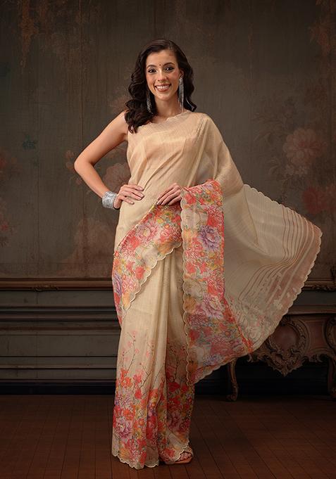 Beige Floral Printed Tissue Silk Saree
