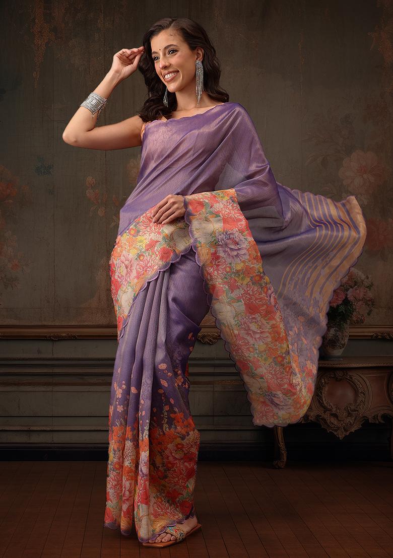 Lavender Floral Printed Tissue Silk Saree