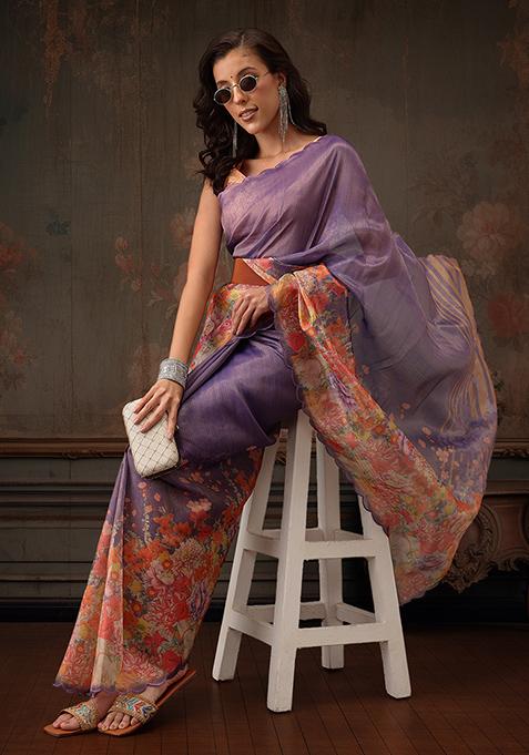 Lavender Floral Printed Tissue Silk Saree
