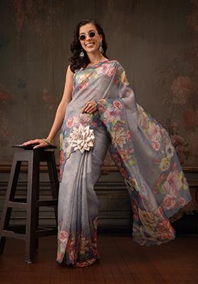 Blue Floral Printed Tissue Silk Saree