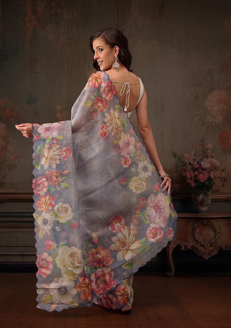 Blue Floral Printed Tissue Silk Saree