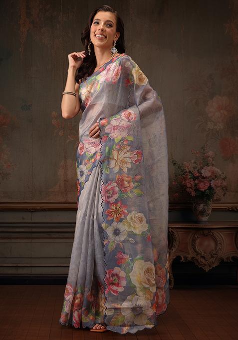Blue Floral Printed Tissue Silk Saree