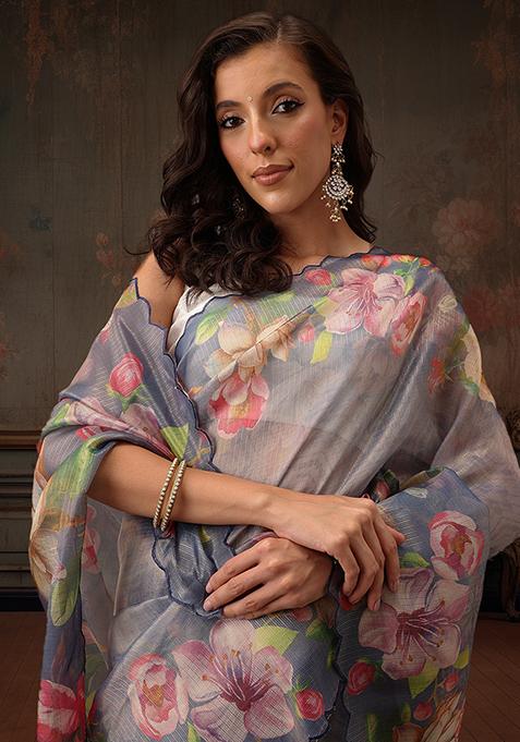 Blue Floral Printed Tissue Silk Saree