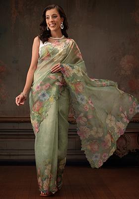 Green Floral Printed Tissue Silk Saree