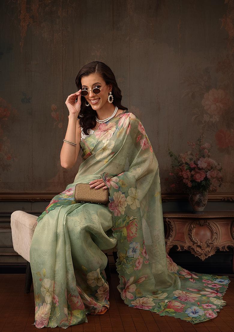 Green Floral Printed Tissue Silk Saree
