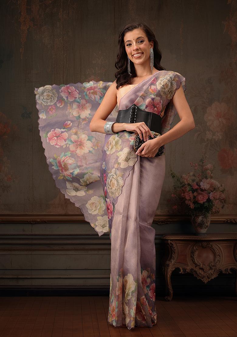 Lavender Floral Printed Tissue Silk Saree