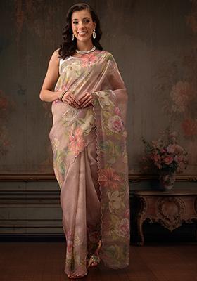 Peach Floral Printed Tissue Silk Saree