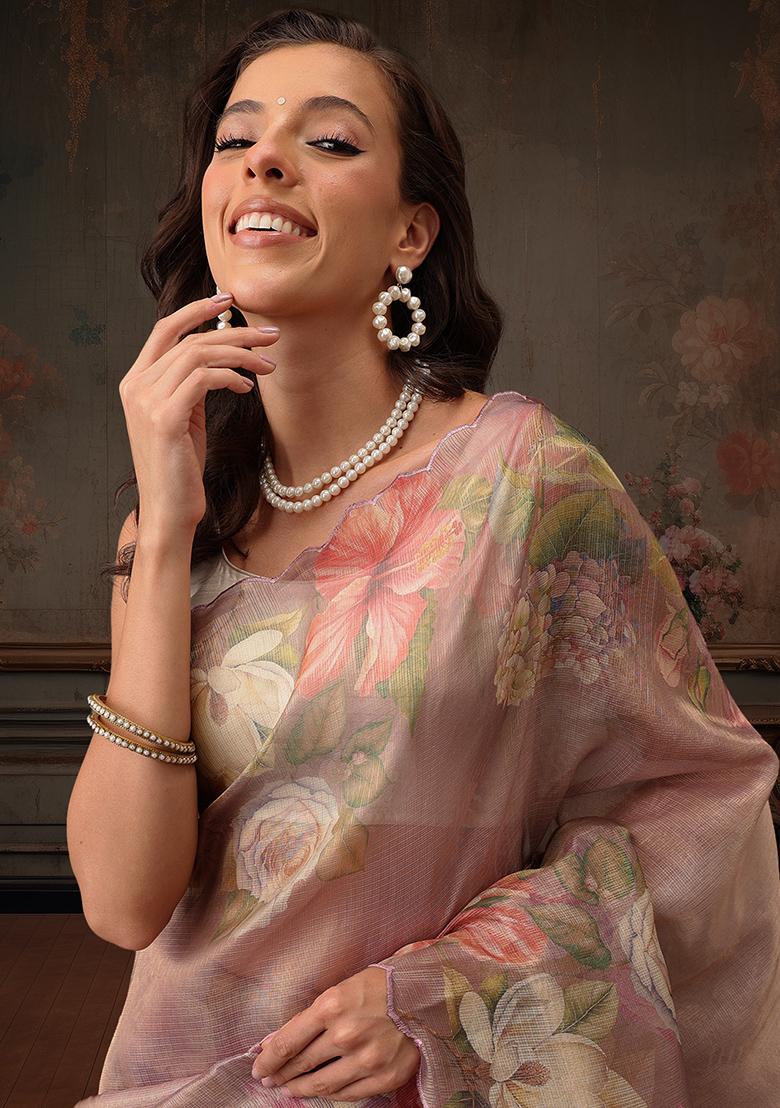 Peach Floral Printed Tissue Silk Saree