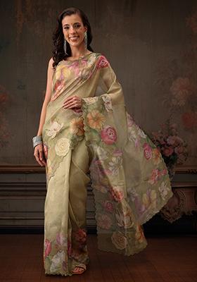 Olive Floral Printed Tissue Silk Saree