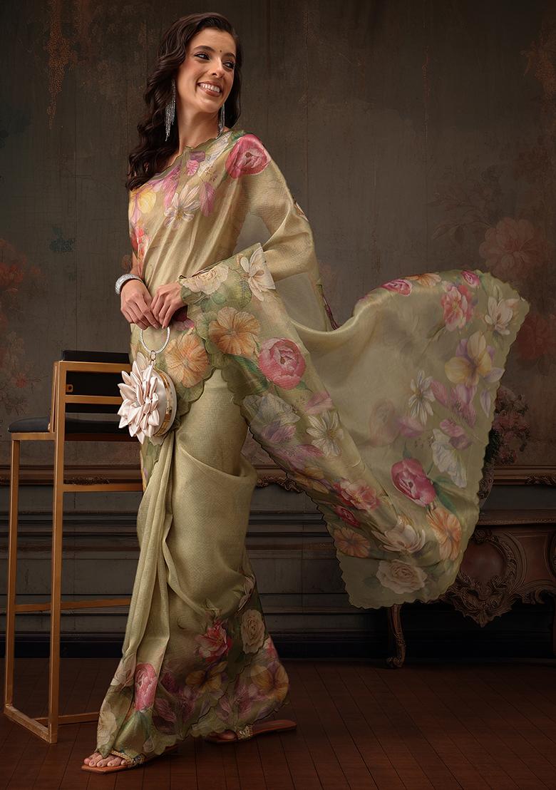 Olive Floral Printed Tissue Silk Saree