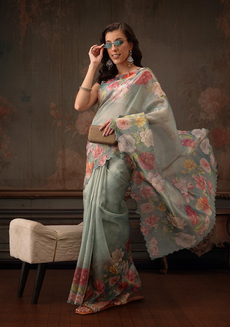 Teal Floral Printed Tissue Silk Saree
