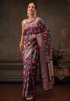 Wine Floral Printed Cotton Saree