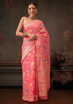 Pink Floral Printed Cotton Saree