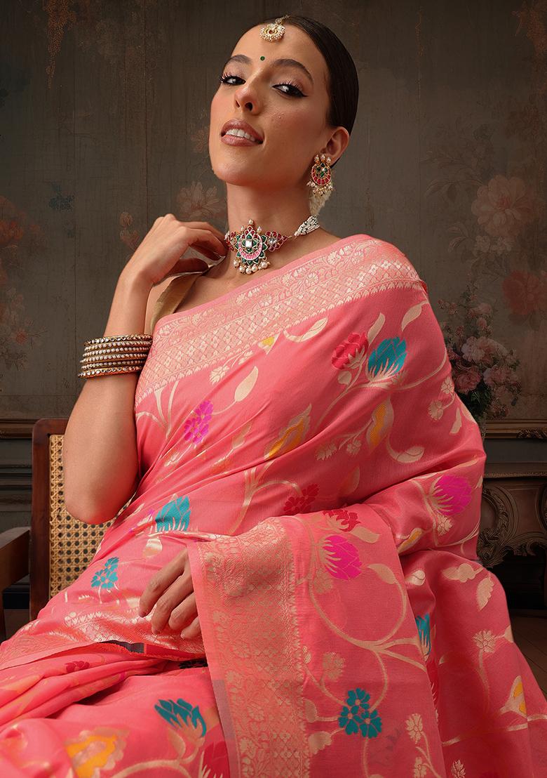 Pink Floral Printed Cotton Saree