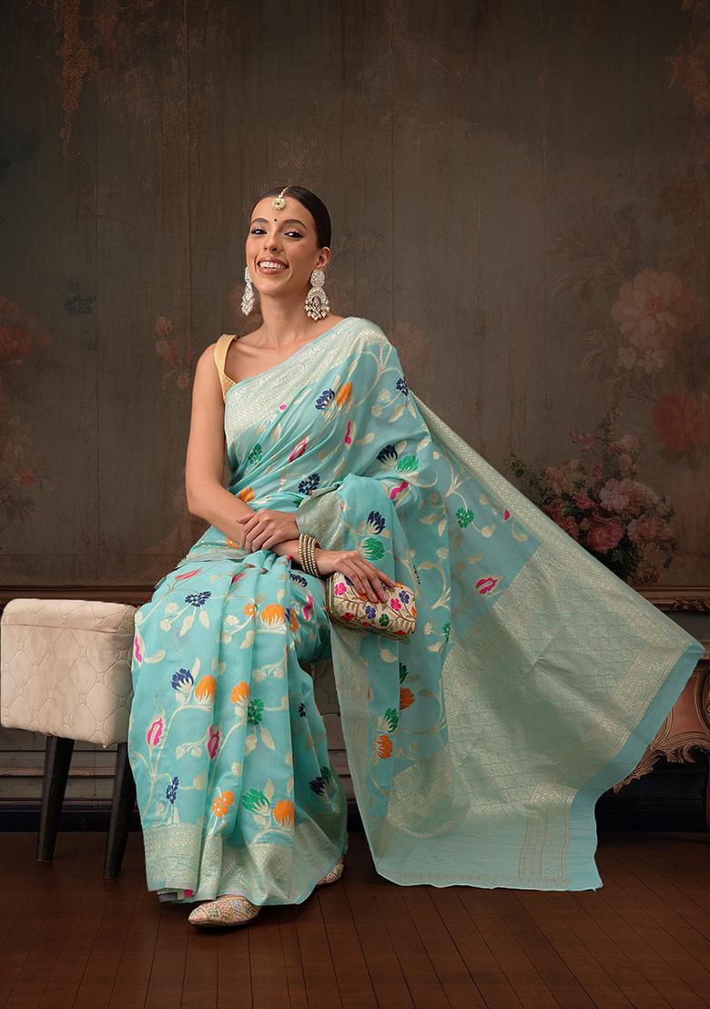 Teal Floral Printed Cotton Saree