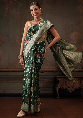 Green Floral Printed Cotton Saree