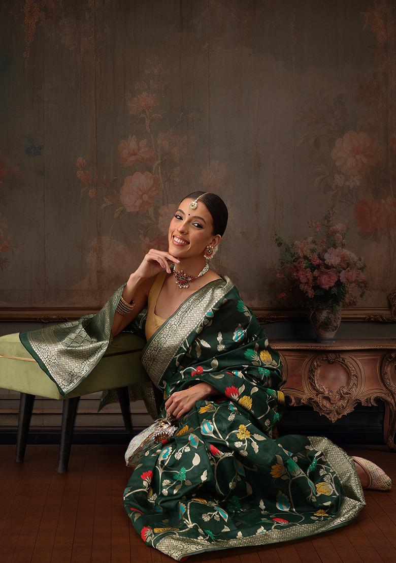 Green Floral Printed Cotton Saree