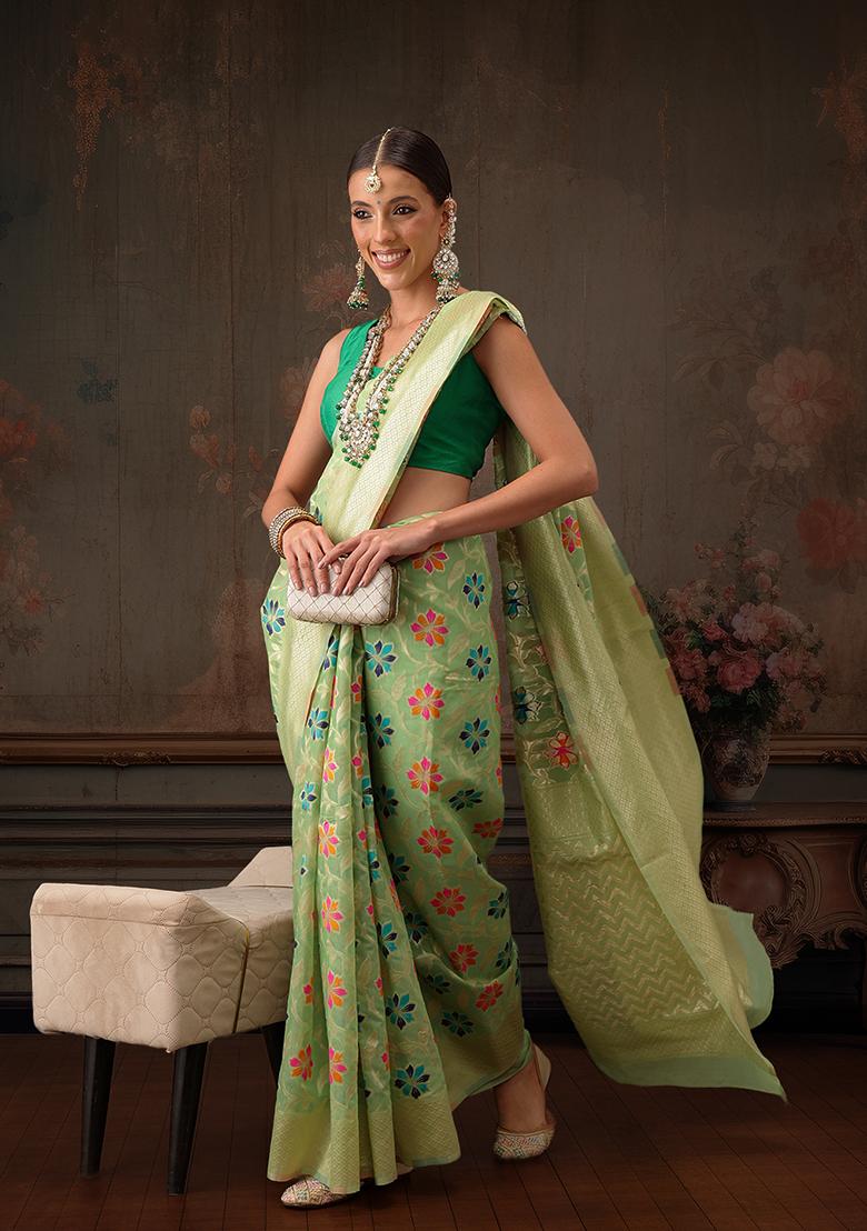 Parrot Green Floral Printed Cotton Saree