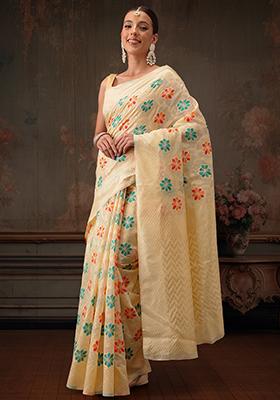 Beige Floral Printed Cotton Saree