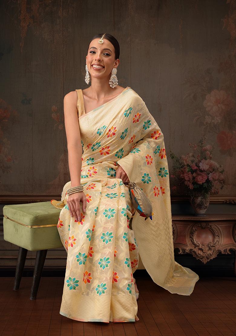 Beige Floral Printed Cotton Saree