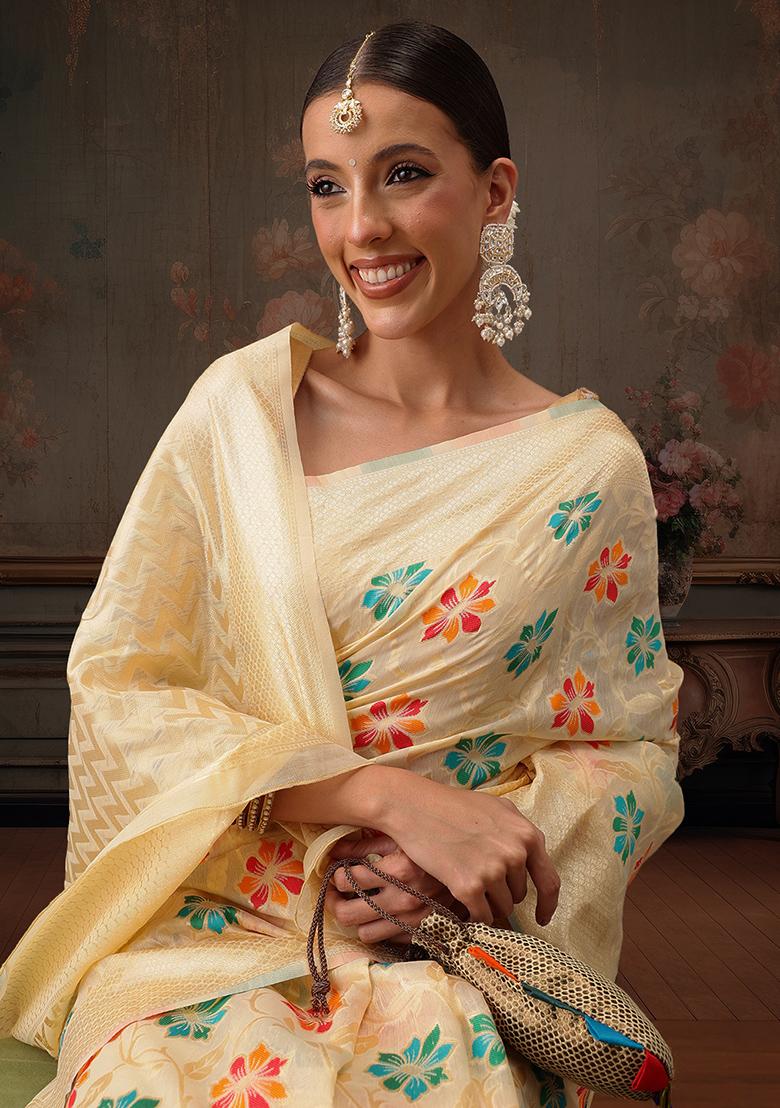 Beige Floral Printed Cotton Saree