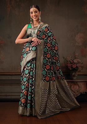 Black Floral Printed Cotton Saree