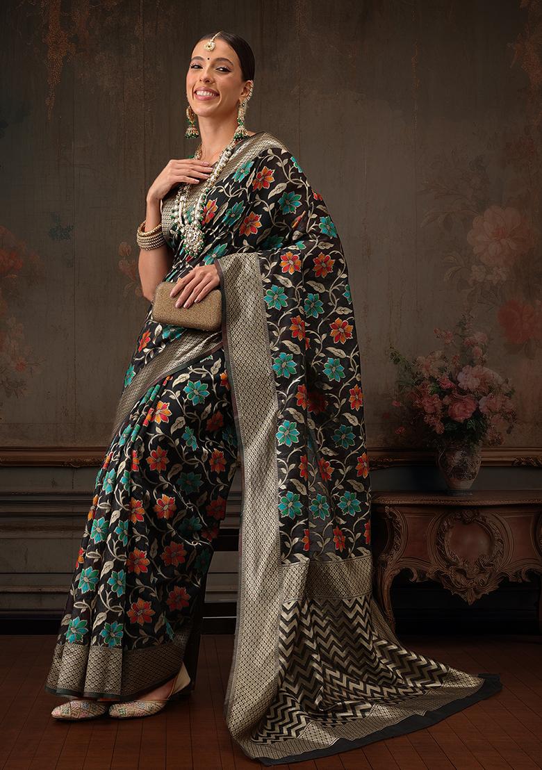 Black Floral Printed Cotton Saree